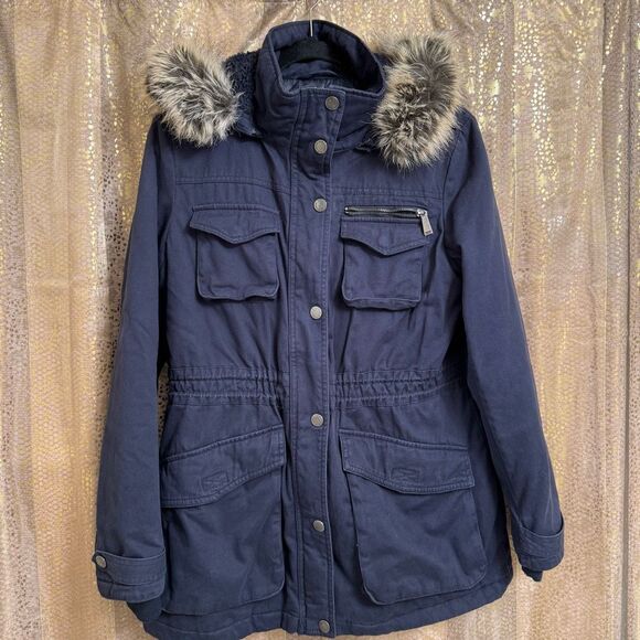 BCBGeneration Navy Blue Hooded Faux Fur Trim Anorak Parka Coat Large - Picture 1 of 10